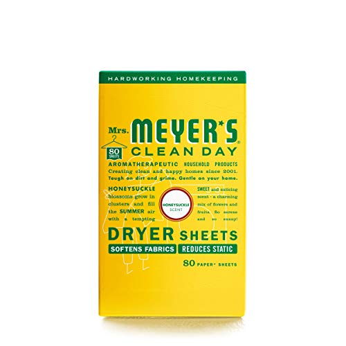 MRS. MEYER'S CLEAN DAY Dryer Sheets, Fabric Softener, Reduces Static, Infused with Essential Oils, Honeysuckle, 80 Count