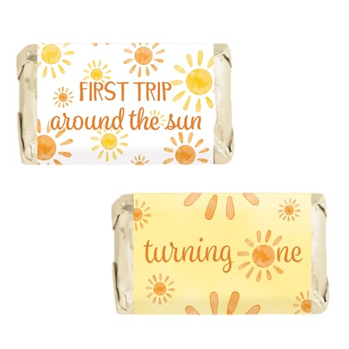 DISTINCTIVS First Trip Around the Sun 1st Birthday Mini Candy Bar Wrappers - 42 Count - Boho Sunshine Design - Turning One Party Favors for Boy or
