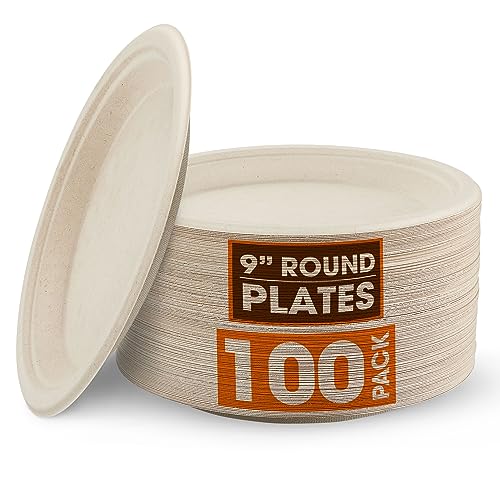 Cheer Collection 9 inch Compostable Plates - 100% Biodegradable Plates | 100% Eco Friendly & Disposable 9 inch Paper Plates for Hot or Cold Food