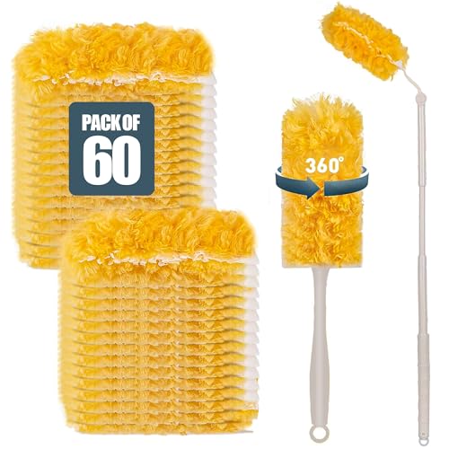 60 Pack Heavy Duty Duster Refills with Extendable 3FT Handle, Multi Surface 360 Disposable Dusters Kit for Cleaning Furniture, Blinds, Ceiling Fan