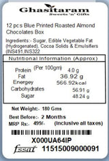 Ghasitaram Gifts Chocolates - 12 pcs Blue Printed Roasted Almond Chocolates Box