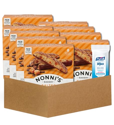9x Nonnis Biscotti Salted Caramel 6.72 OZ Bundle with Hand Sanitizing Wipes - Crunchy Italian Biscotti with Caramel Flavor Plus Convenient Wipes