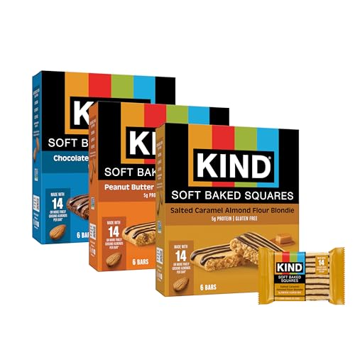 KIND Soft Baked Squares Variety Pack, Gluten Free, Healthy Snack Bars, Chocolate, Peanut Butter, Salted Caramel Almond, 5g Protein, 18 Count