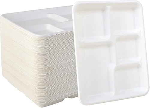 5-Compartment Compostable Plates for Easy Cleanup - Compartment Tray for Portion Control & Mess-Free Meals - 10.25×8.5 In Disposable Bagasse Paper