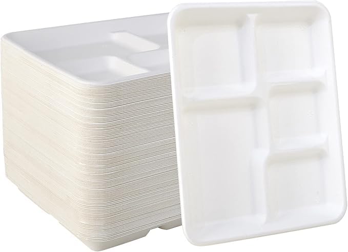 5-Compartment Compostable Plates for Easy Cleanup - Compartment Tray for Portion Control & Mess-Free Meals - 10.25×8.5 In Disposable Bagasse Paper