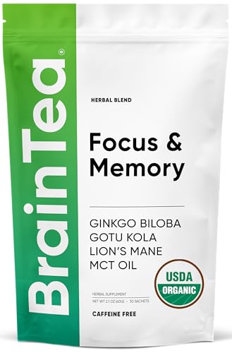 Brain Tea Focus & Memory - Brain Tea Organic Certified 4-in-1 Nootropic Herbal Supplement with Ginkgo Biloba, Gotu Kola, Lion’s Mane Mushroom, MCT