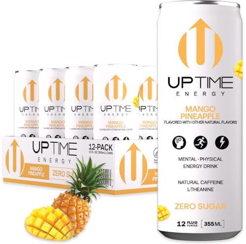 UPTIME Energy Drink, Mango Pineapple, 12 Pack, Vitamin C, L Theanine, Calcium, Sugar Free Energy Drinks for Focus Support, 142mg of Natural Caffeine