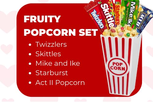 Movie Night Popcorn and Candy Gift Basket - Plus 13.5 Inch Plush Teddy Bear Custom T-Shirt - Perfect for a Cozy and Fun Evening at Home or the Theater