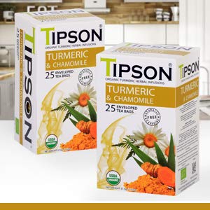 Tipson Organic Turmeric Caffeine Free Herbal Tea - Turmeric & Organic Chamomile - 25 Foil Enveloped Double Chambered Bags - Keto/Paleo