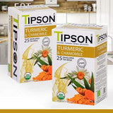 Tipson Organic Turmeric Caffeine Free Herbal Tea - Turmeric & Organic Chamomile - 25 Foil Enveloped Double Chambered Bags - Keto/Paleo