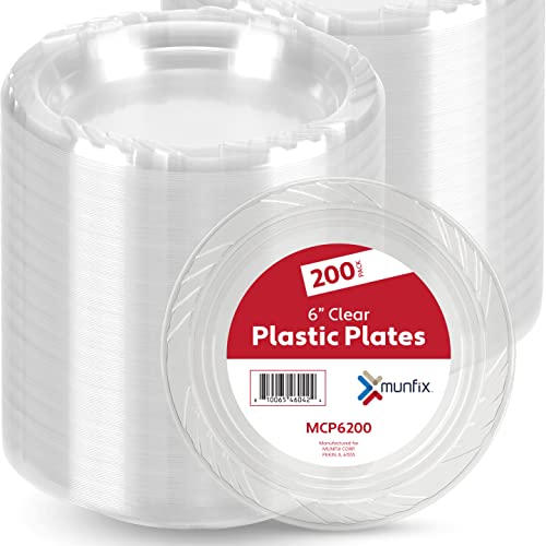 Munfix 200 Clear Plastic Plates Set - 6 Inch Disposable Dessert Plates, Bulk Pack for Party BBQ, Picnic, Parties, Travel and Events, Microwavable