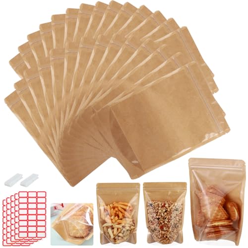 100-pack 8.7" x 11.8" Stand Up Kraft Paper Mylar Bags with Clear Window Large Resealable Foil Pouches for Food Storage Smell Proof Edible Packaging