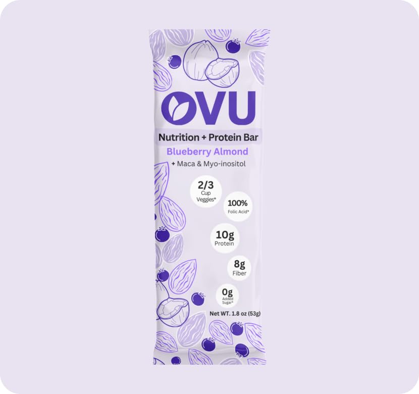 OVU Bar - Fertility, Pregnancy & Postpartum Nutrition Support for Women, Myo-Inositol, Folic Acid, Maca, High Protein, High Fiber, Blueberry Almond, 9