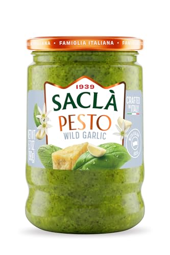 SACLA Wild Garlic Pesto Sauce | Basil & Wild Garlic Italian Pesto with Parmigiano Reggiano & Pecorino Romano Cheeses | 6.7 oz Glass Jar | Non-GMO