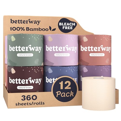 Betterway Unbleached Bamboo Toilet Paper Rolls - Eco-Friendly 3 Ply Toilet Tissue - 12 Long-Lasting Rolls - 360 Sheets/Roll - Organic, FSC Certified