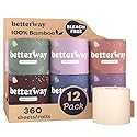 Betterway Unbleached Bamboo Toilet Paper Rolls - Eco-Friendly 3 Ply Toilet Tissue - 12 Long-Lasting Rolls - 360 Sheets/Roll - Organic, FSC Certified