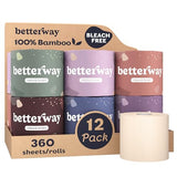 Betterway Unbleached Bamboo Toilet Paper Rolls - Eco-Friendly 3 Ply Toilet Tissue - 12 Long-Lasting Rolls - 360 Sheets/Roll - Organic, FSC Certified