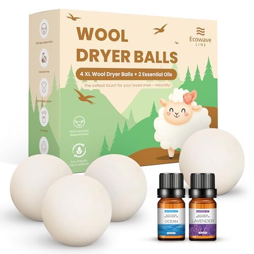 Wool Dryer Balls - 4XL Pack + 2 Essential Oils - 100% Pure New Zealand Wool - Eco-Friendly Fabric Softener