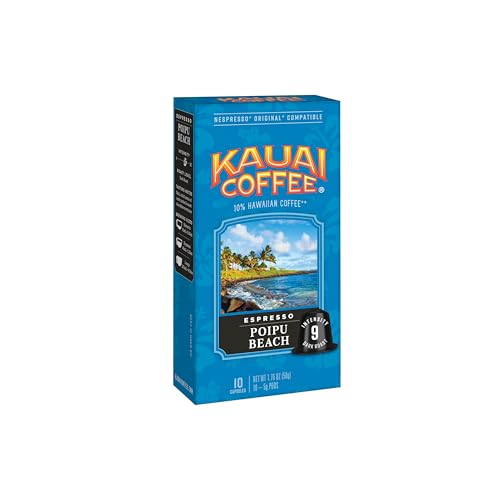 Kauai Coffee Espresso Pods Compatible with Nespresso Original Coffee Makers - Arabica Coffee, 10% Hawaiian - Dark Roast, Rich Cocoa & Smoky Finish
