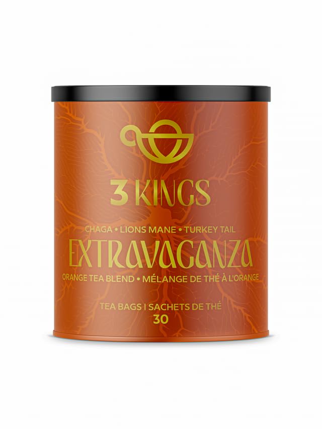 3 KINGS Premium Chaga - Lions Mane - Turkey Tail Mushrooms & Orange Tea Blend - 30 Tea Bags