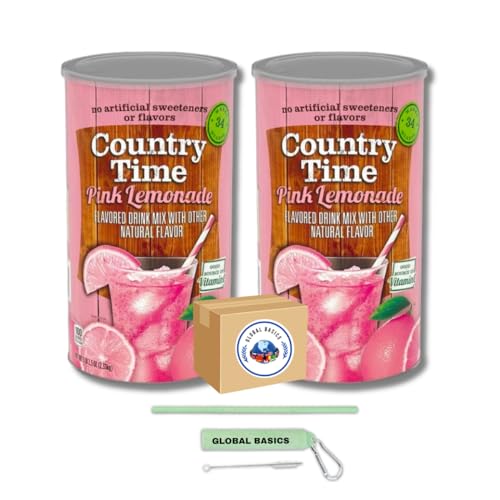 Global Basics 2 Pack of 82.5 oz Country Time Pink Lemonade Mix | 165 oz TOTAL | Includes A Global Basics Reusable Straw Set!