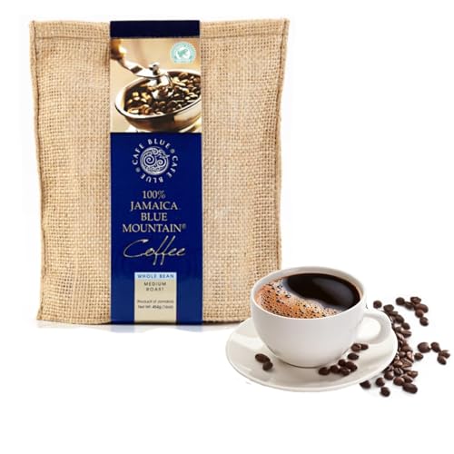 Cafe Blue - 100% Authentic Jamaica Blue Mountain Coffee from Clifton Mount Estate, Medium Roast Whole Bean, Premium Arabica Beans, Bag of 16 Ounces (1