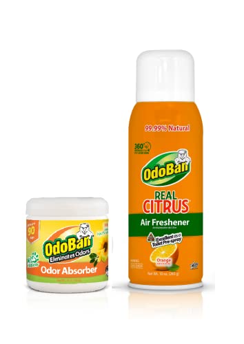 OdoBan Aroma Eliminator Set, Made in the USA, 10 Ounce Toilet Spray 360-Degree Continuous Spray Natural Oil Real Citrus Orange Air Freshener and 14