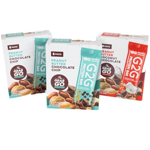 G2G Protein Bar, Peanut Butter Lovers 3-Pack, 2 Boxes PB Chocolate Chip, 1 Box PB Coconut, Healthy Snack, Delicious Meal Replacement, Gluten-Free