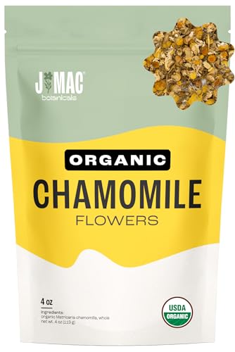 J Mac Botanicals Organic Chamomile Flowers (4 oz) - Whole Egyptian Chamomile Loose Leaf Herbal Tea, Caffeine-Free, Premium Dried Chamomile Flowers