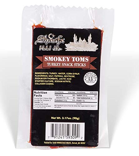 SHARIFA HALAL SMOKEY TOMS TURKEY SNACK STICKS, 3.17 OZ. PACKAGE - GREAT EVERYDAY ZABIHA HALAL TURKEY, 10G PROTEIN, 110 CALORIES, 3G CARBOHYDRATES