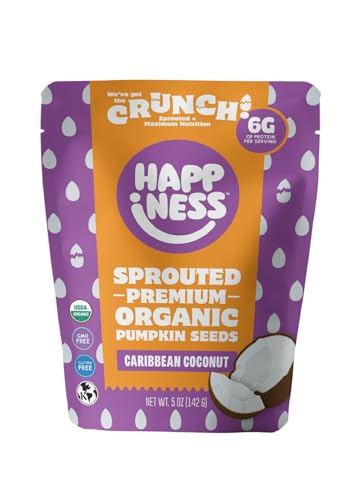 Happiness Foods™ Caribbean Coconut - Sprouted Organic Raw Pumpkin Seeds - High Protein, Certified USDA Organic, Non-GMO, Low Carb, Vegan, Gluten-Free