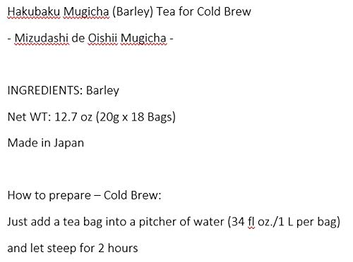 Hakubaku Japanese Mugicha Barley Tea for cold brew (Mizudashi), No Caffiene, No calories 18 cold brew bags.