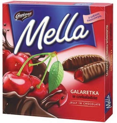 Jutrzenka MELLA Chocolate Coated Jelly Variety Pack of 4 x 6.7 oz. ORANGE, LEMON, CHERRY & BLACKCURRANT. Product of Poland.