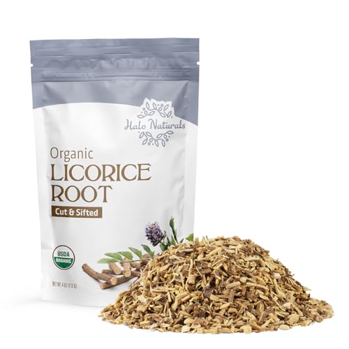 Halo Naturals Organic Licorice Root Cut & Sifted, 4 Ounces (Glycyrrhiza glabra) USDA Certified | Resealable Pouch| Packaged in The USA