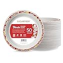 [50 COUNT] Harvest Pack 9" Christmas Paper Plates, Compostable Disposable White Round Dinner Paper Plates with Gold Red Trim, Natural PFAS Free