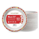 [50 COUNT] Harvest Pack 9" Christmas Paper Plates, Compostable Disposable White Round Dinner Paper Plates with Gold Red Trim, Natural PFAS Free