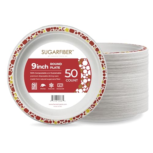 [50 COUNT] Harvest Pack 9" Christmas Paper Plates, Compostable Disposable White Round Dinner Paper Plates with Gold Red Trim, Natural PFAS Free