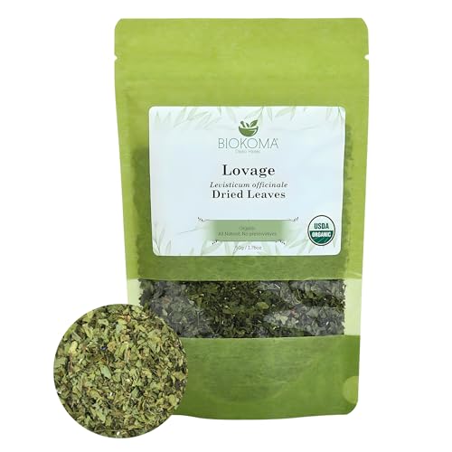 Biokoma Organic Lovage Dried Leaves 50g 1.76oz Pure Cut Herb Levisticum officinale USDA Organic Herbal Tea Digestion & Urinary Health Resealable