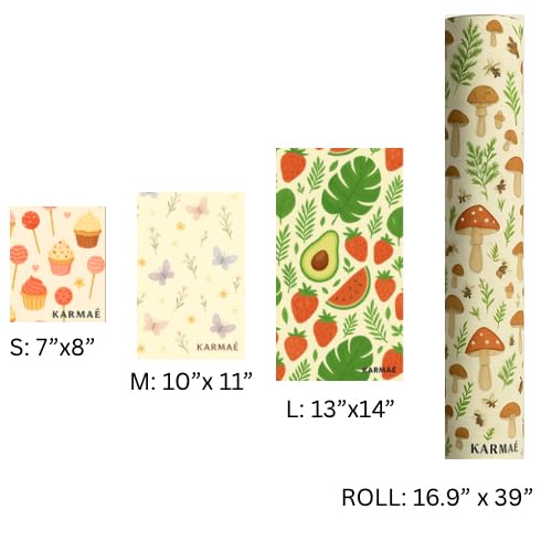 KARMAÉ Reusable Beeswax Food Wraps - 3 Pack & Roll (16.9"-39") | Sustainable Eco-Friendly Wraps for Food Storage | Natural Beeswax Wraps with Seed