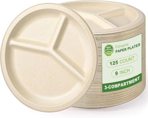 Extrapins 125 Pack 3 Compartment Paper Plates,Compostable Plates,Disposable Paper Plate,9 Inch Heavy Duty Biodegradable Plate for Daily Meals,Food
