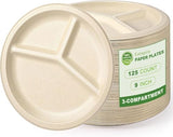 Extrapins 125 Pack 3 Compartment Paper Plates,Compostable Plates,Disposable Paper Plate,9 Inch Heavy Duty Biodegradable Plate for Daily Meals,Food