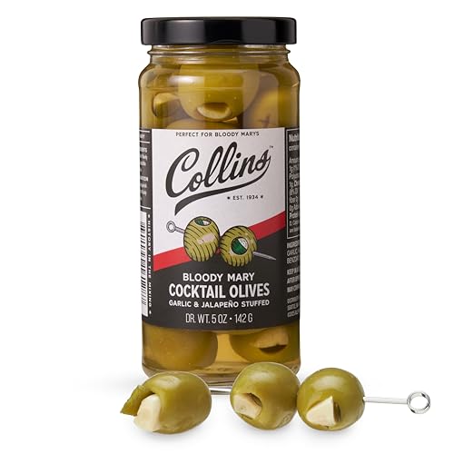 Collins Jalapeno Garlic Stuffed Cocktail Olives, Gourmet Martini Olive Cocktail Garnish, Dirty Martini Olives, Bloody Mary, Jalapeno Olives Garlic