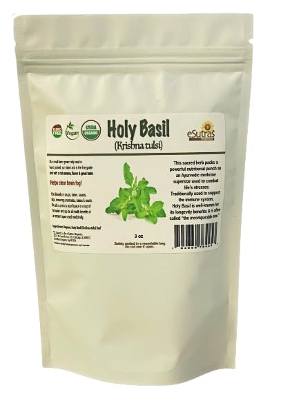 eSutras Organics Holy Basil, Krishna Tulsi, Organic dried leaf great for cooking, herbal basil tea or pooja 3 oz