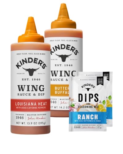 Kinder's Wing Sauce Variety Pack, Louisiana Heat and Buffalo Sauce with Ranch Dip Mix, Premium Quality Since 1946