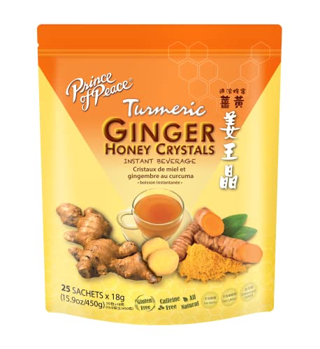 Prince of Peace Instant Ginger Honey Crystals w/Turmeric, 25 Sachets - Instant Hot or Cold Beverage - Easy to Brew Ginger and Honey Tea, Caffeine