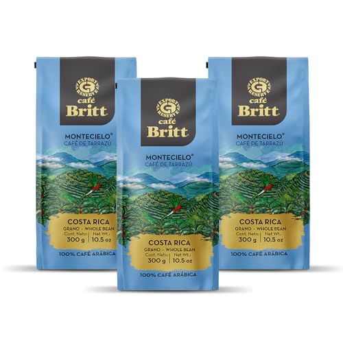 Café Britt® - Costa Rican Montecielo, Coffee From Tarrazu (10.5 oz.) (3-Pack) - Whole Bean, Arabica Coffee, Kosher, Gluten Free, 100% Gourmet & Medium