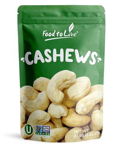 Food to Live - Raw Cashews, 4 Pounds Deluxe Whole Nuts, Unsalted, Unroasted Fancy Snack, Size W-320, Kosher, Vegan, Bulk, A good source of Magnesium