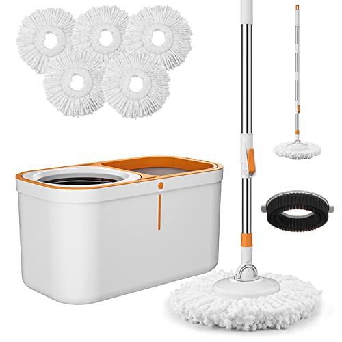 Spin Mop Bucket with Wringer System Extended Mop Handle 61?Mop and Bucket for Floors Cleaning with 5 Replacement Head Refill 1 Cleaning Brush Head