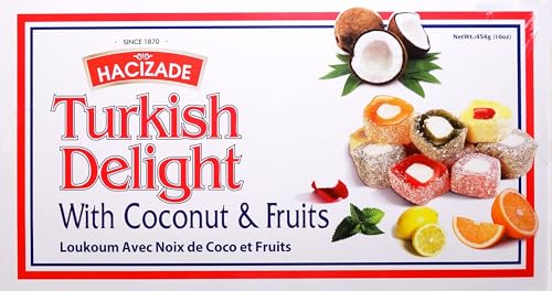 Hacizade Turkish Delight With Mixed Fruit Coconut Covered 454gr, (1 pound)