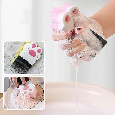 3Pcs Pink Random Style Cat Claw Design Kitchen Cleaning Sponges,Cute Household Cleaning Tool,Claw Design Non-Scratch Dishwashing Scrub Sponge Kitchen